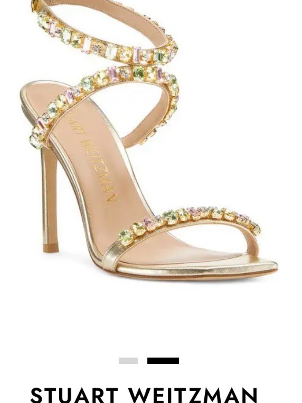 Stuart Weitzman Gold Strappy High Heel Sandals with Multicolor Gem Accents